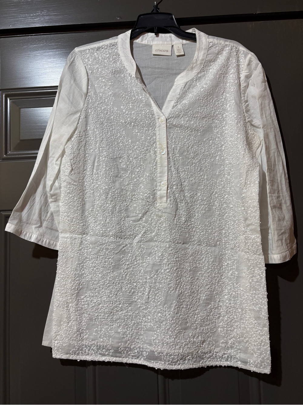 Chico's White Embellished Split-Neck Tunic Top